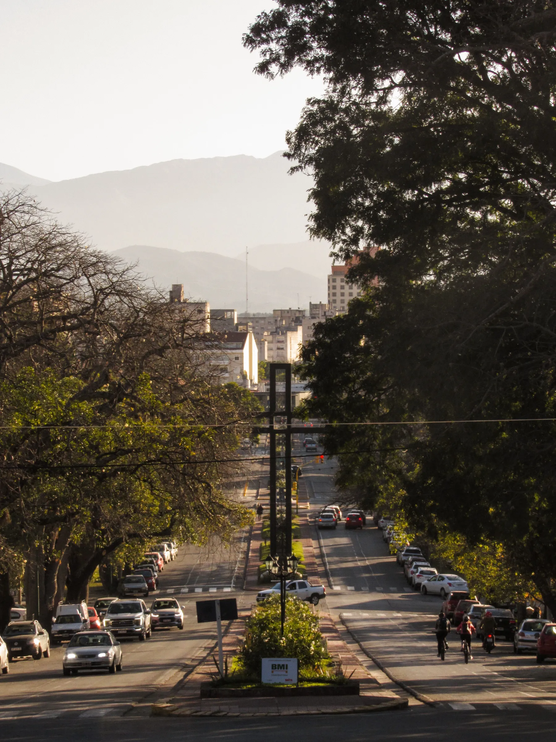 A tree-lined street and traffic in Salta.