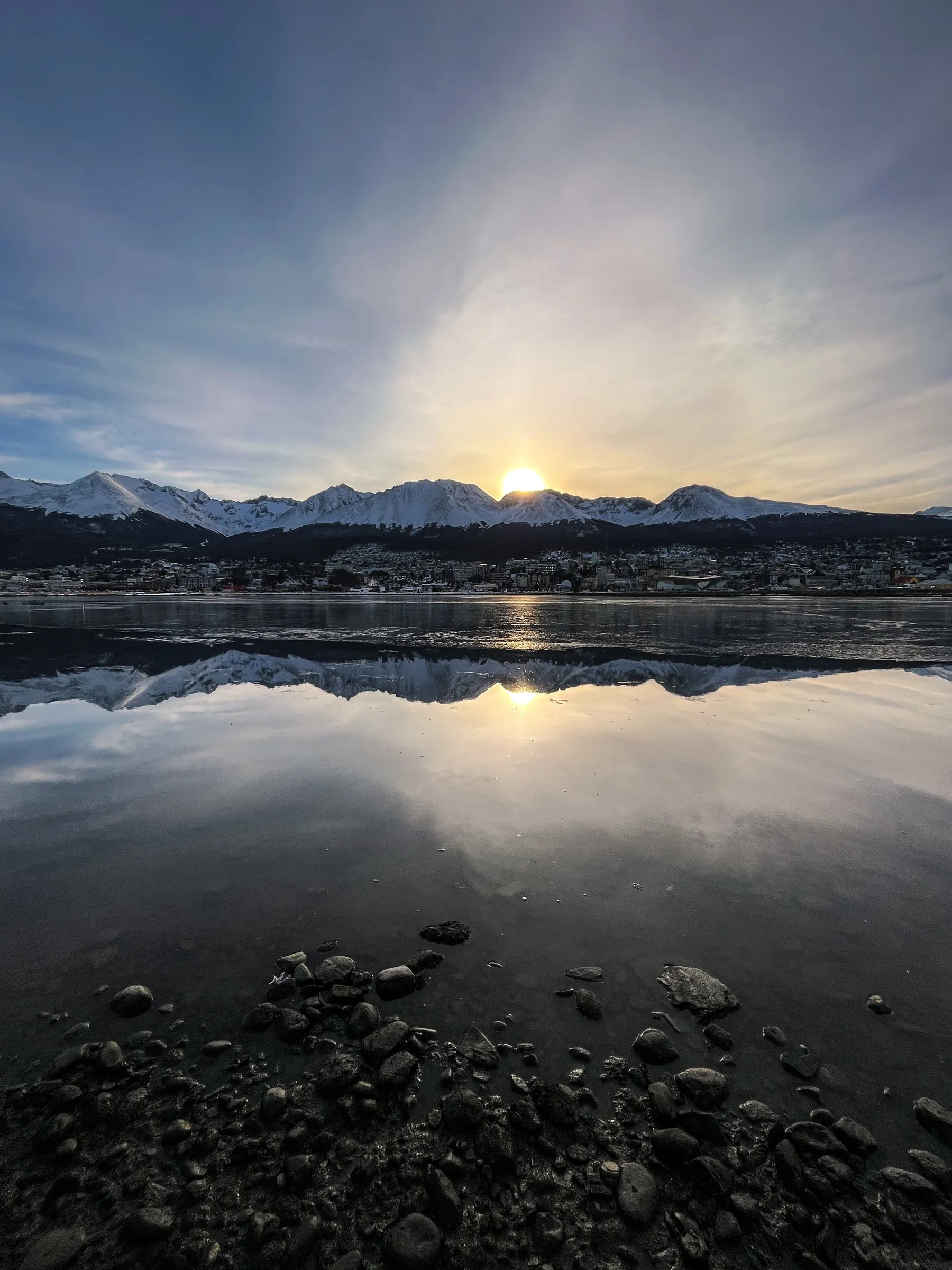 Water and mountains near Ushuaia in sunset light