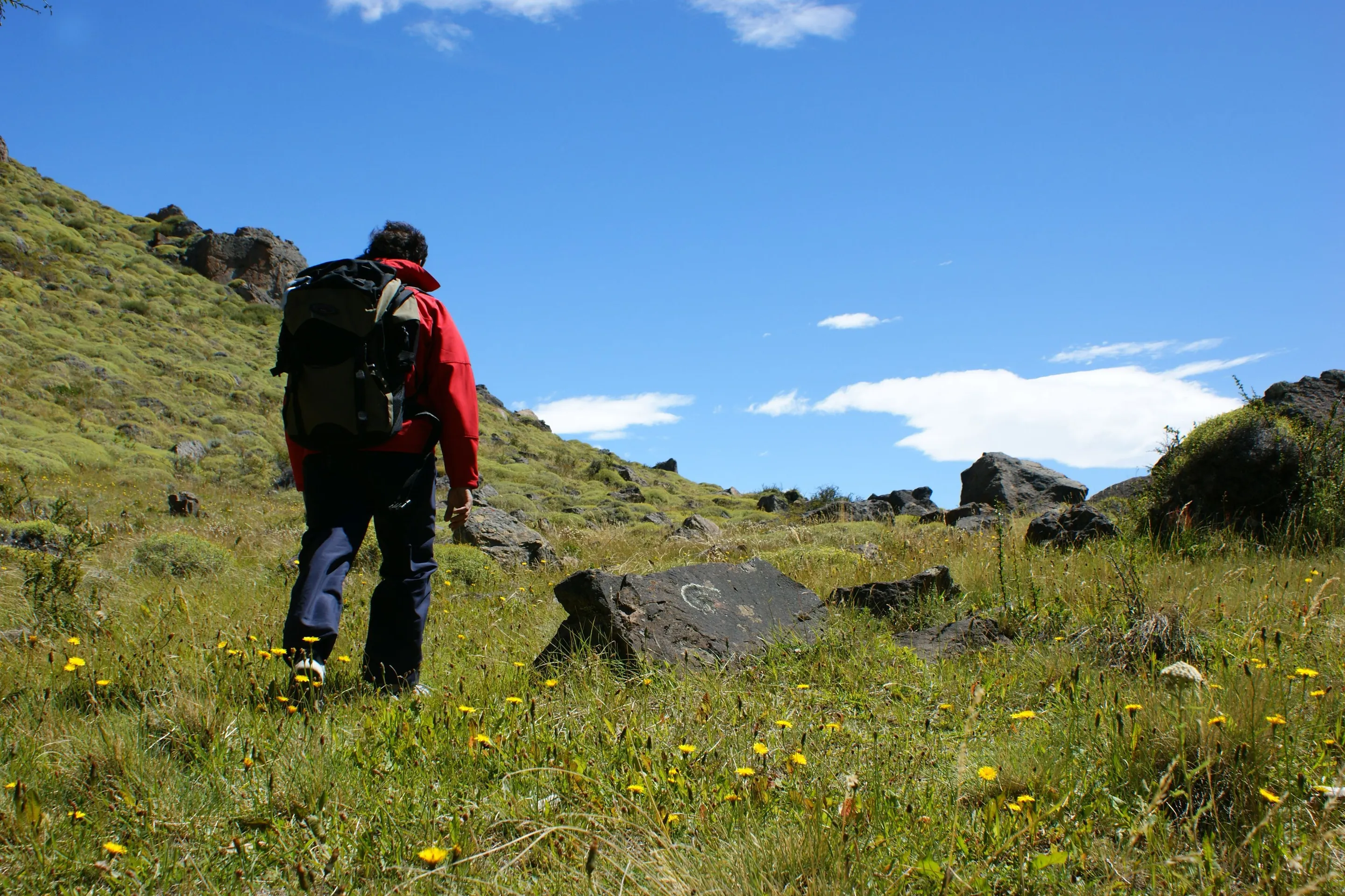 A hiker crossing open terrain near El Chaltén.