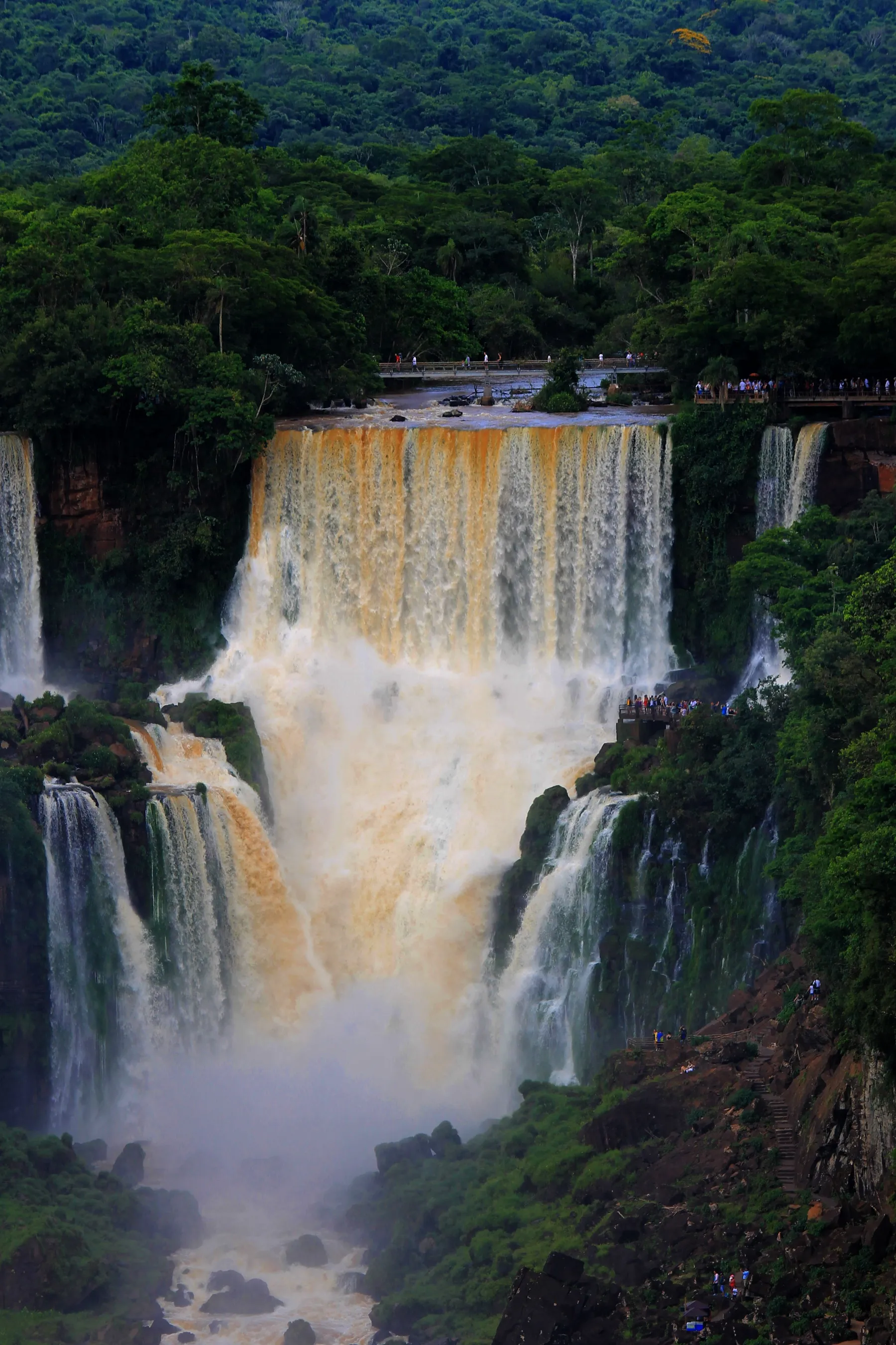 A waterfall pouring through dense forest at Iguazú.