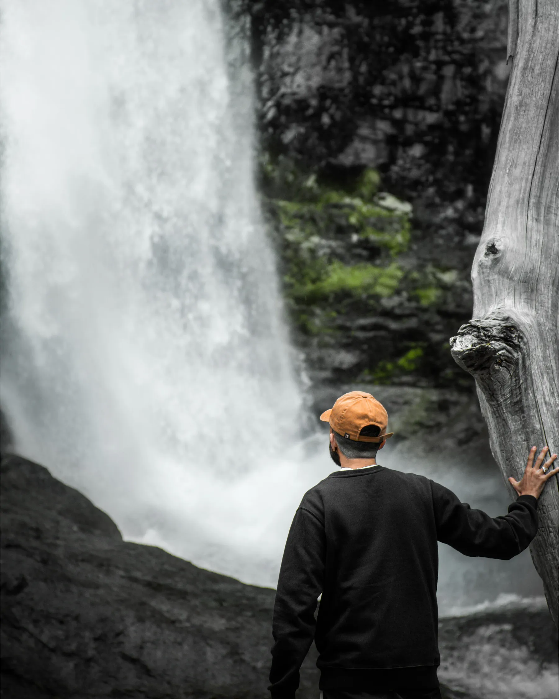 A visitor beside a waterfall in the El Chaltén forest