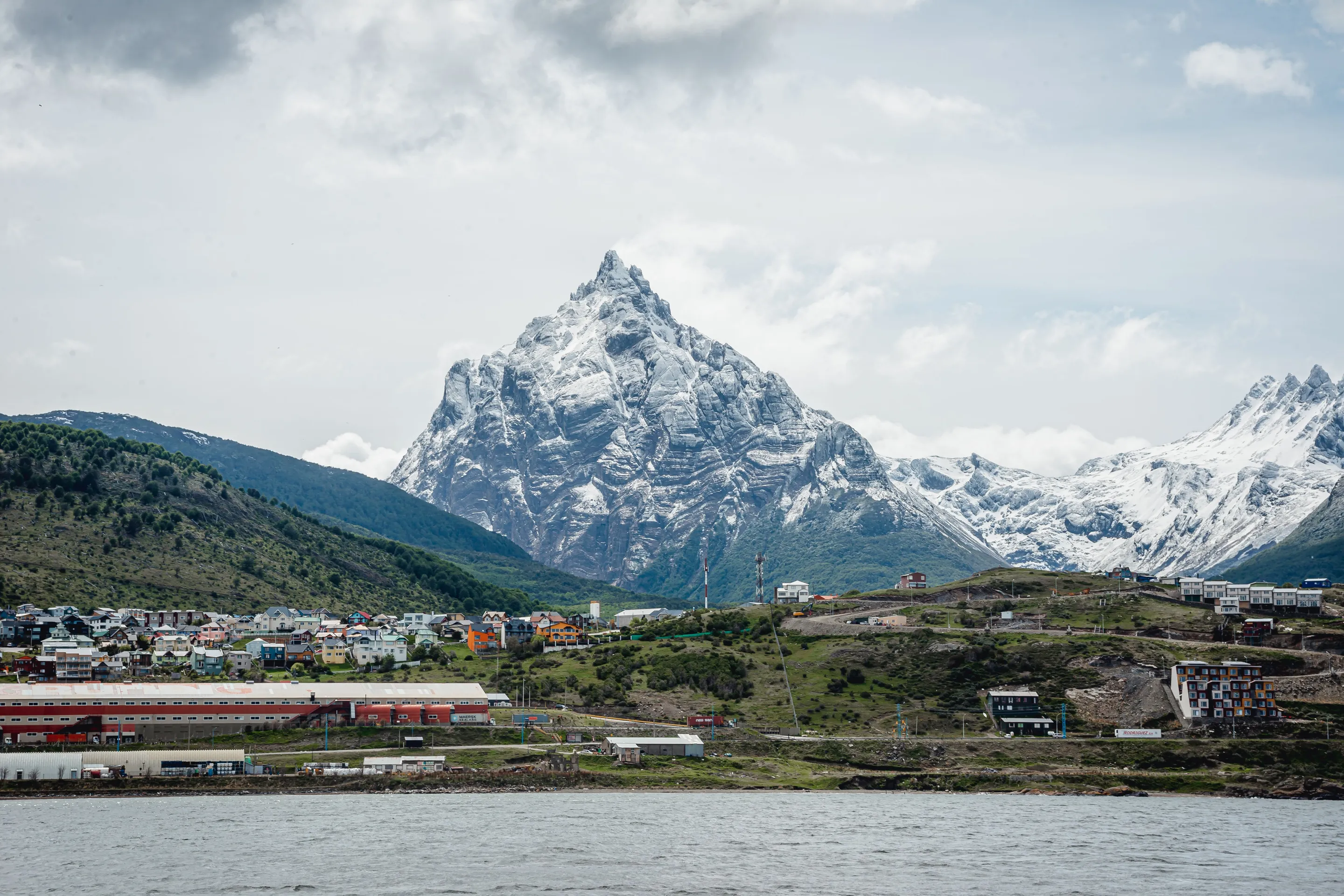 Ushuaia's coastline with the Andes rising behind the city