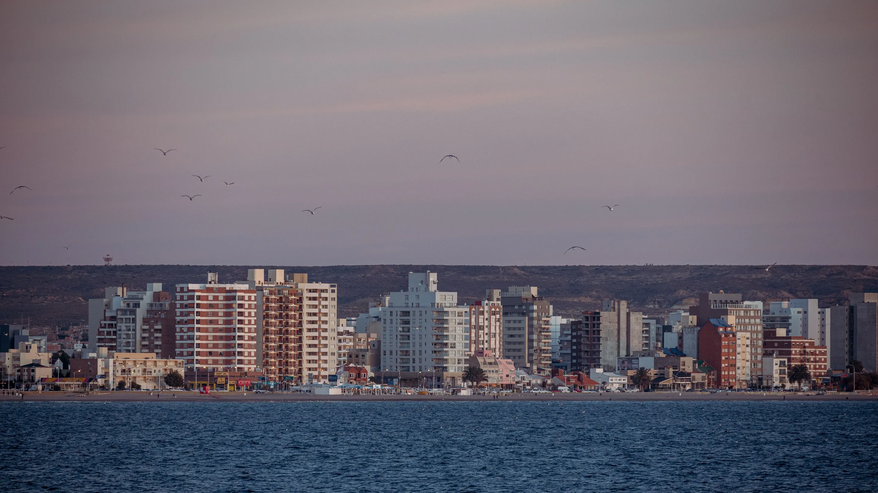 The Puerto Madryn waterfront in evening light