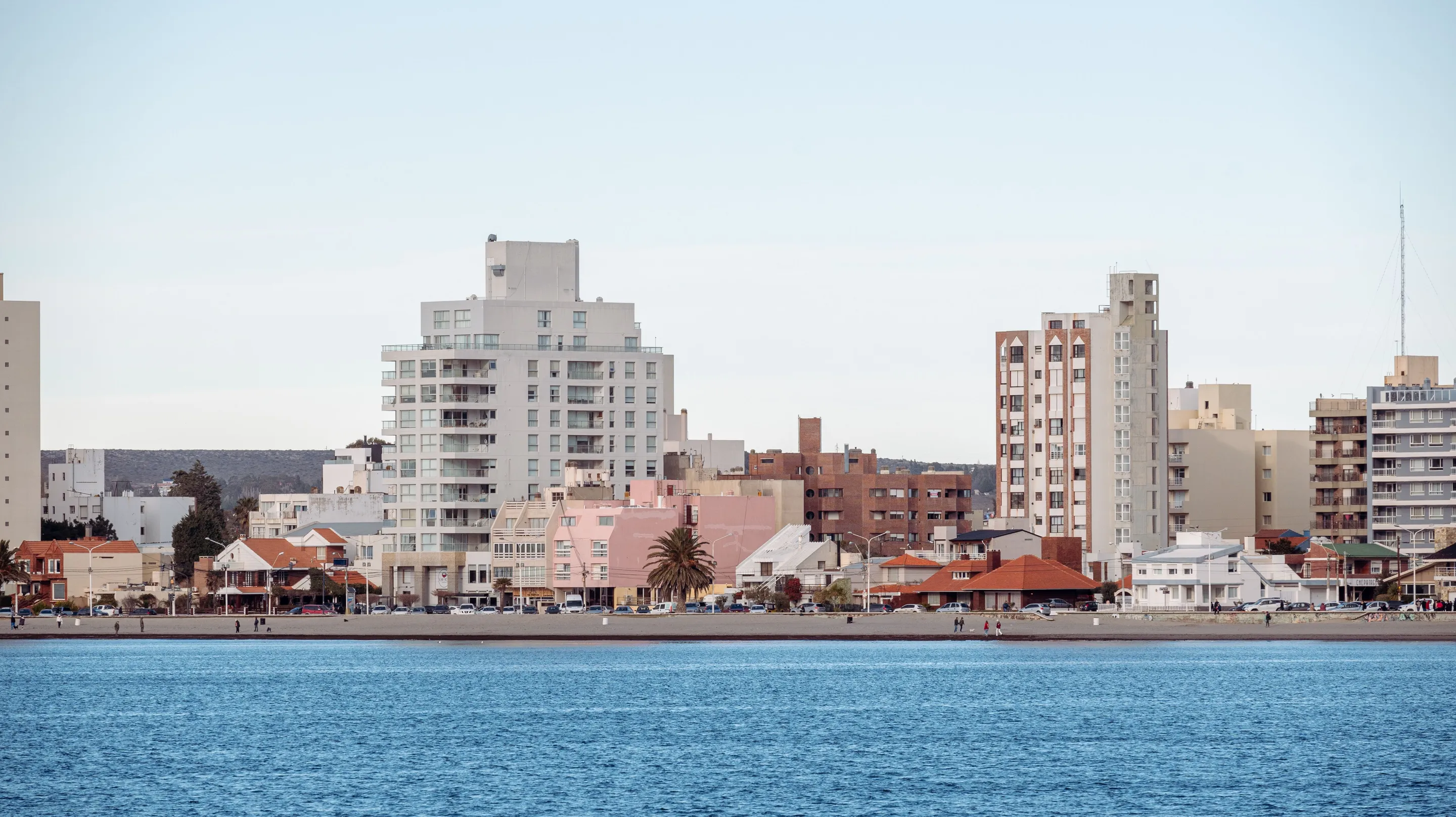 Puerto Madryn's waterfront and the blue water of Golfo Nuevo