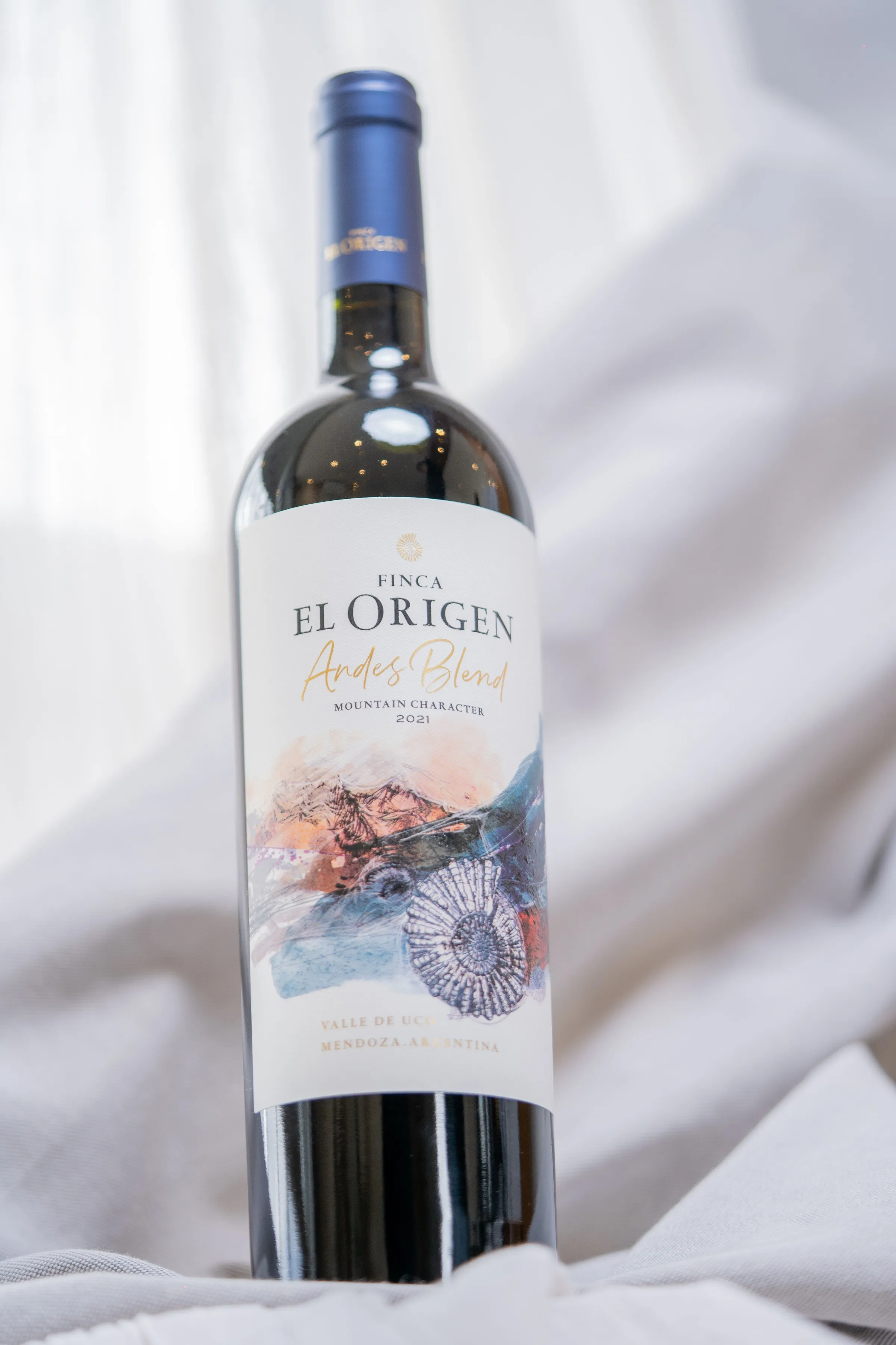 A close view of an Argentine Andean wine bottle on soft fabric.