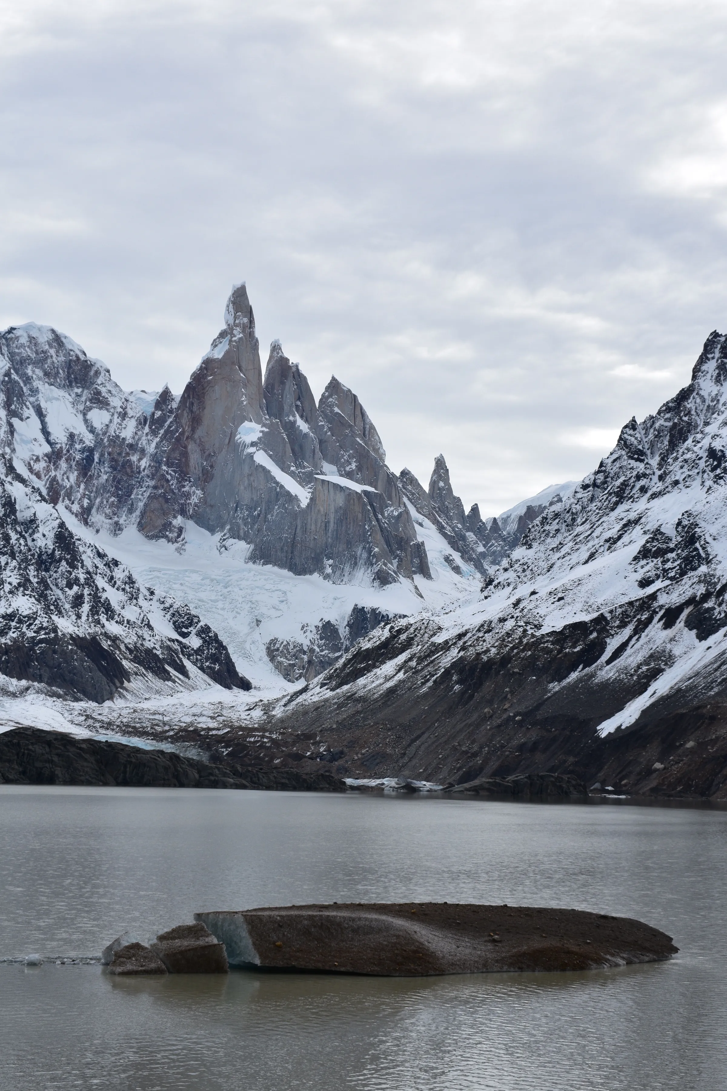 Snow-covered mountains and a lake near El Chaltén.