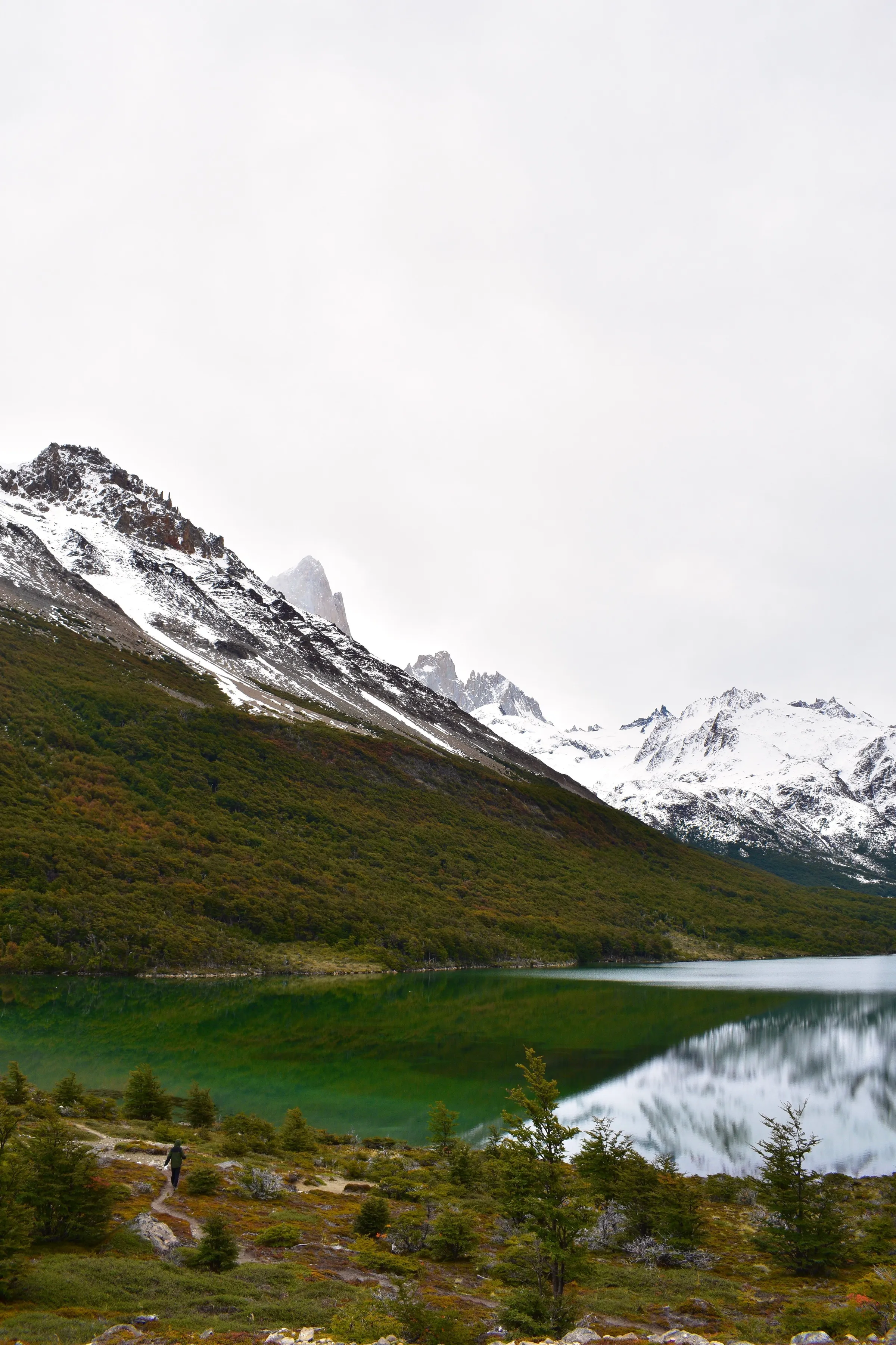 Snowy mountain slopes above a lake near El Chaltén.
