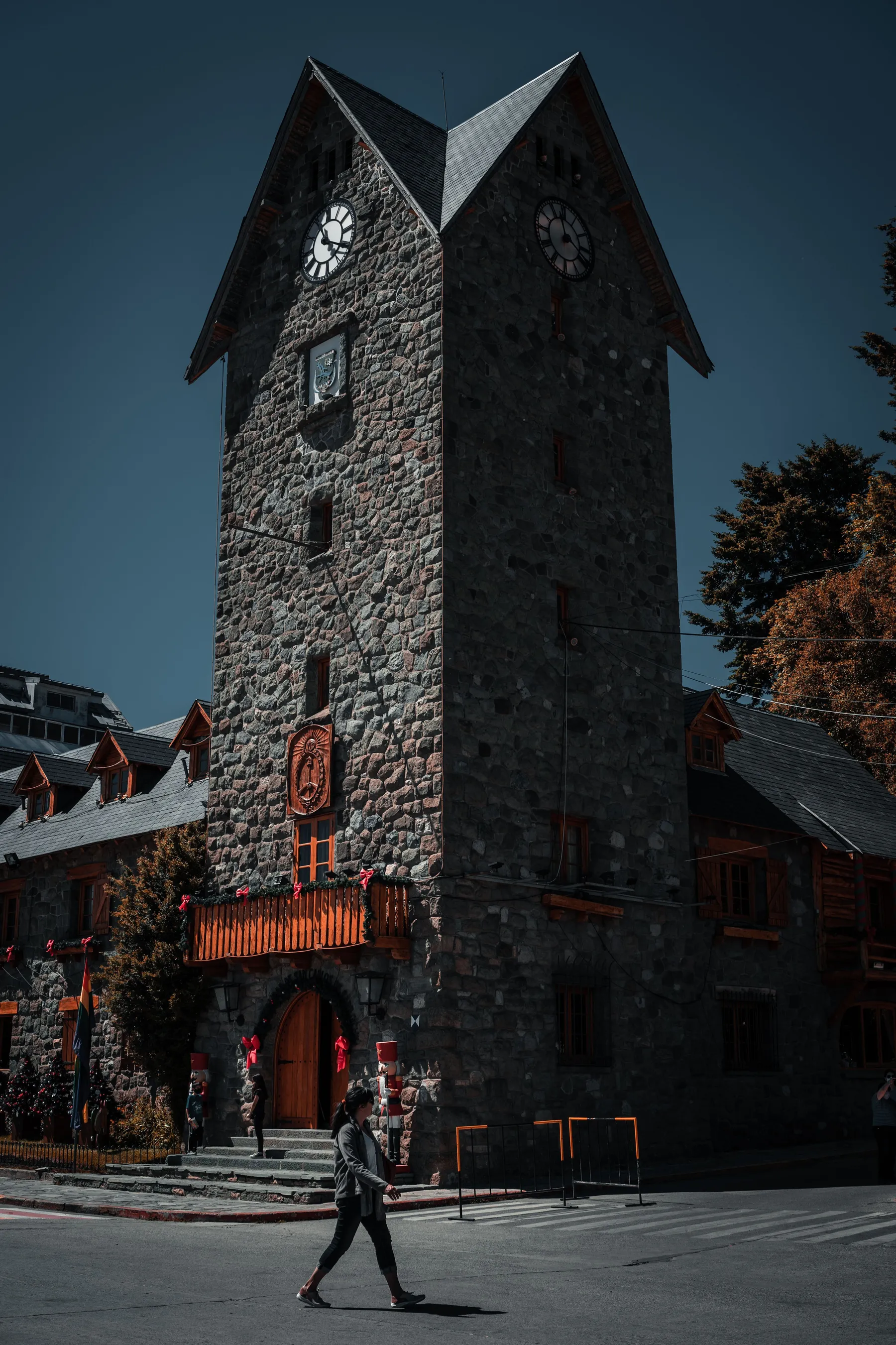 Stone clock tower and timber architecture at Bariloche's Centro Cívico
