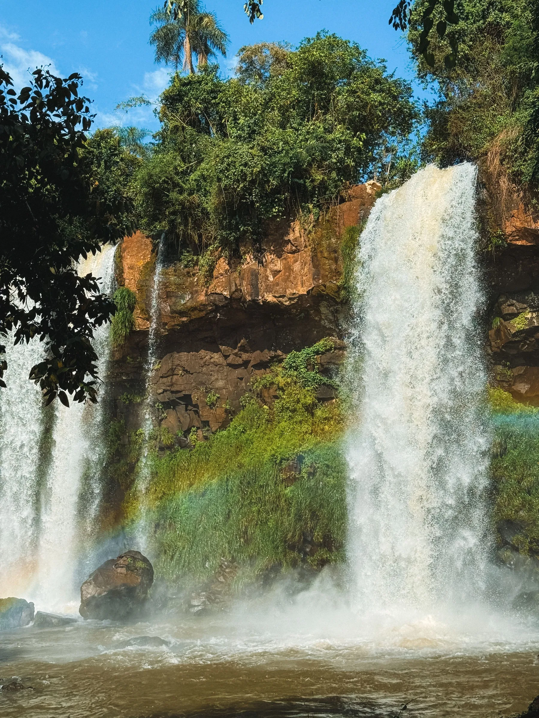 A tall cascade and rainbow framed by deep green rainforest