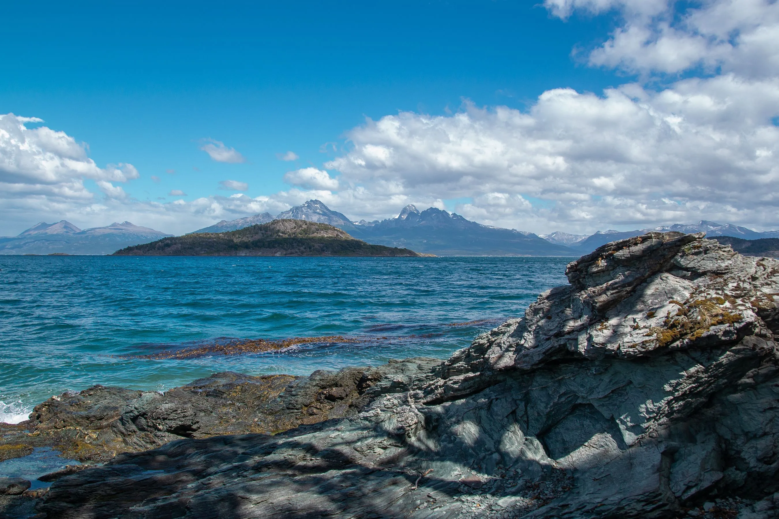 Water, islands and mountain slopes in the Beagle Channel.
