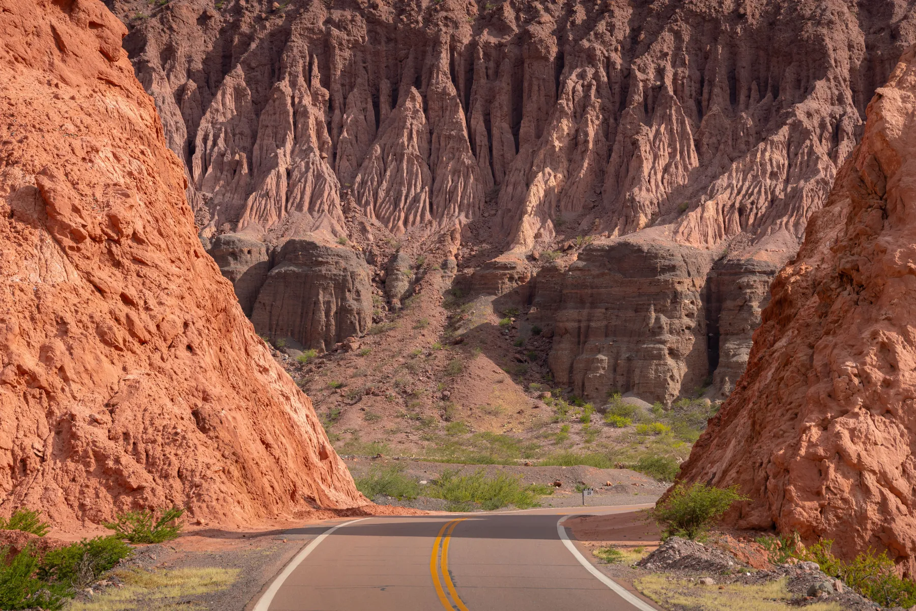 The road curving through dramatic rock formations near Cafayate