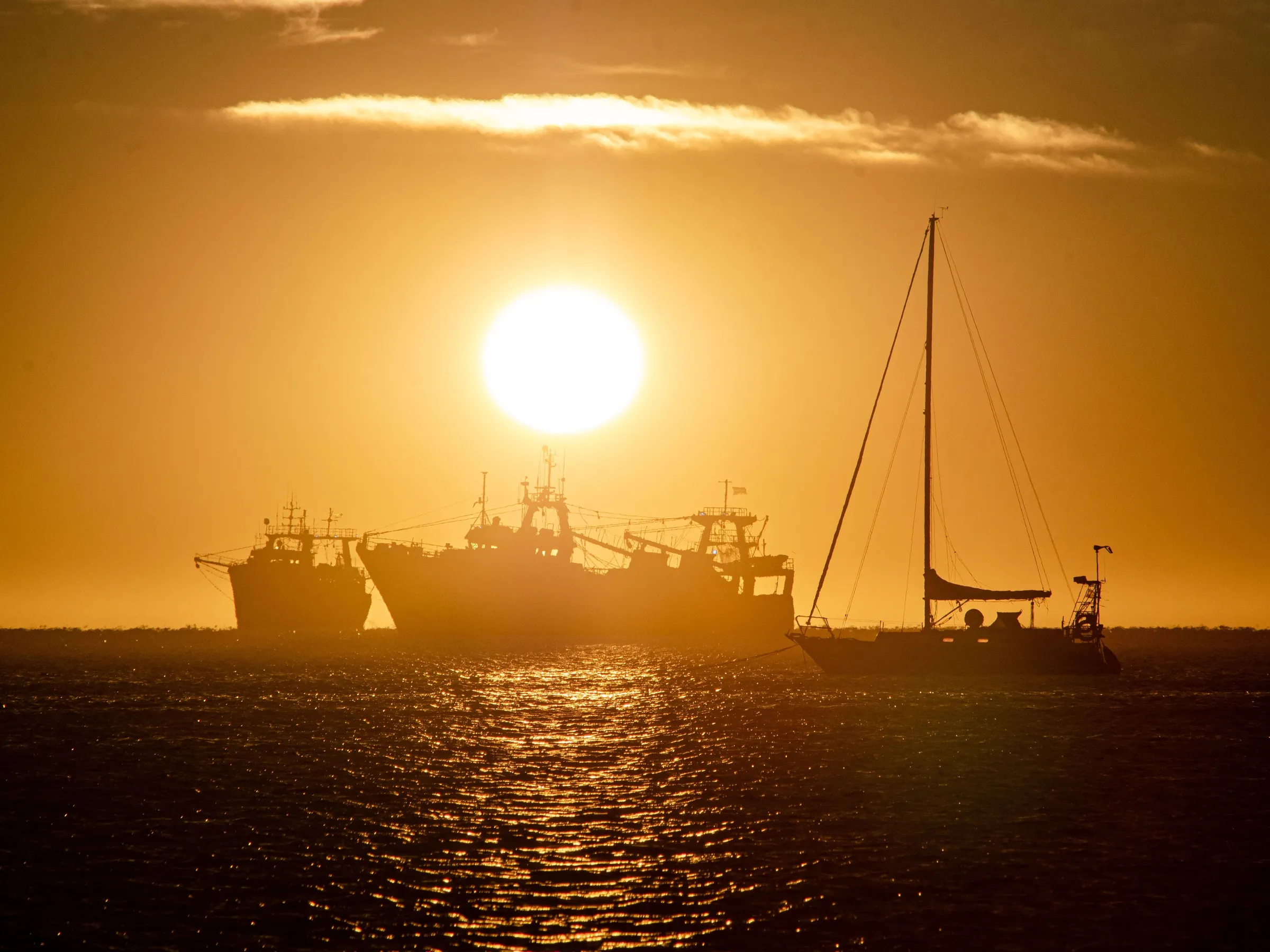 Boats silhouetted against warm evening light at Puerto Madryn.