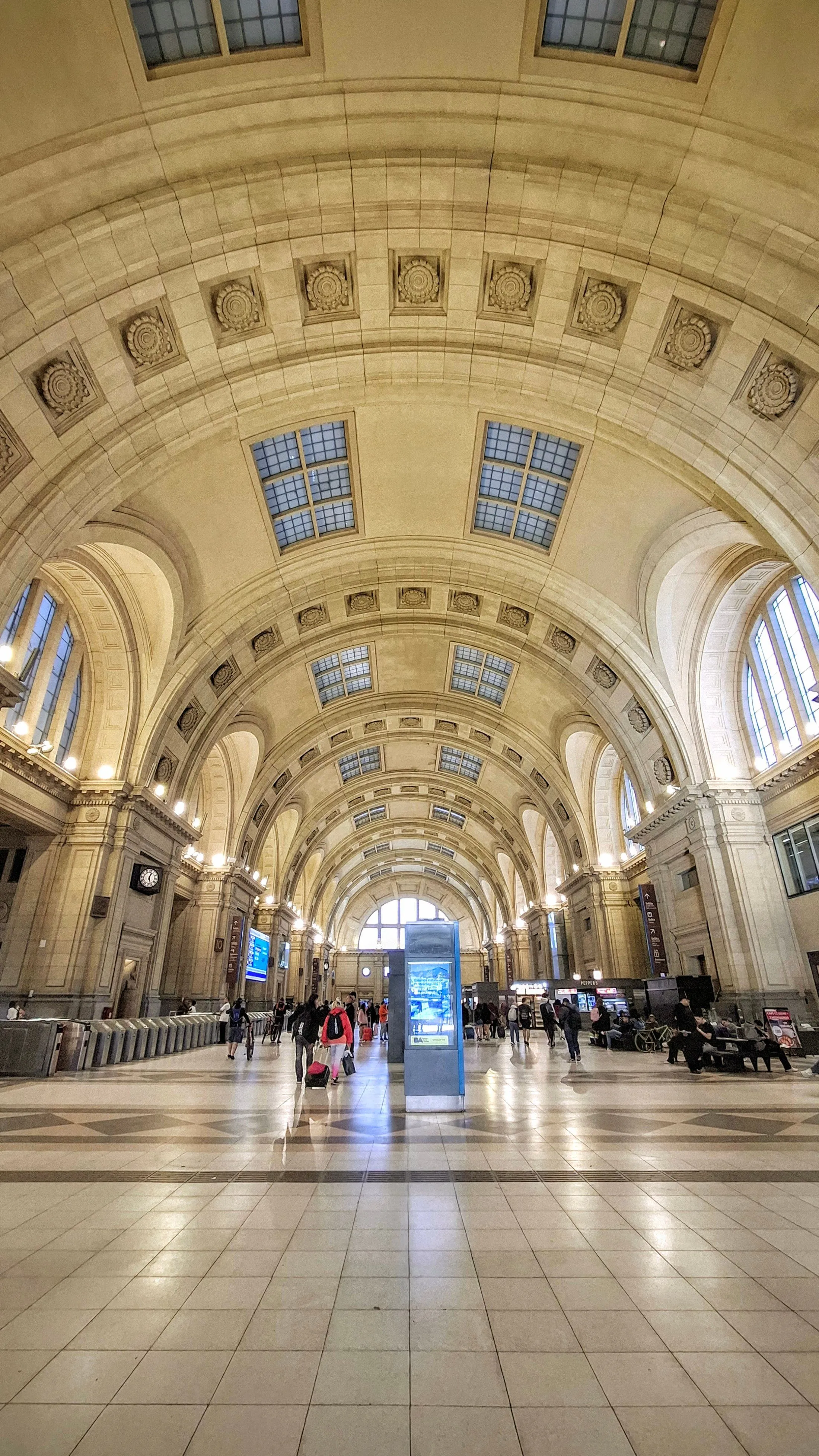 Vaulted architecture inside Constitución railway station in Buenos Aires.
