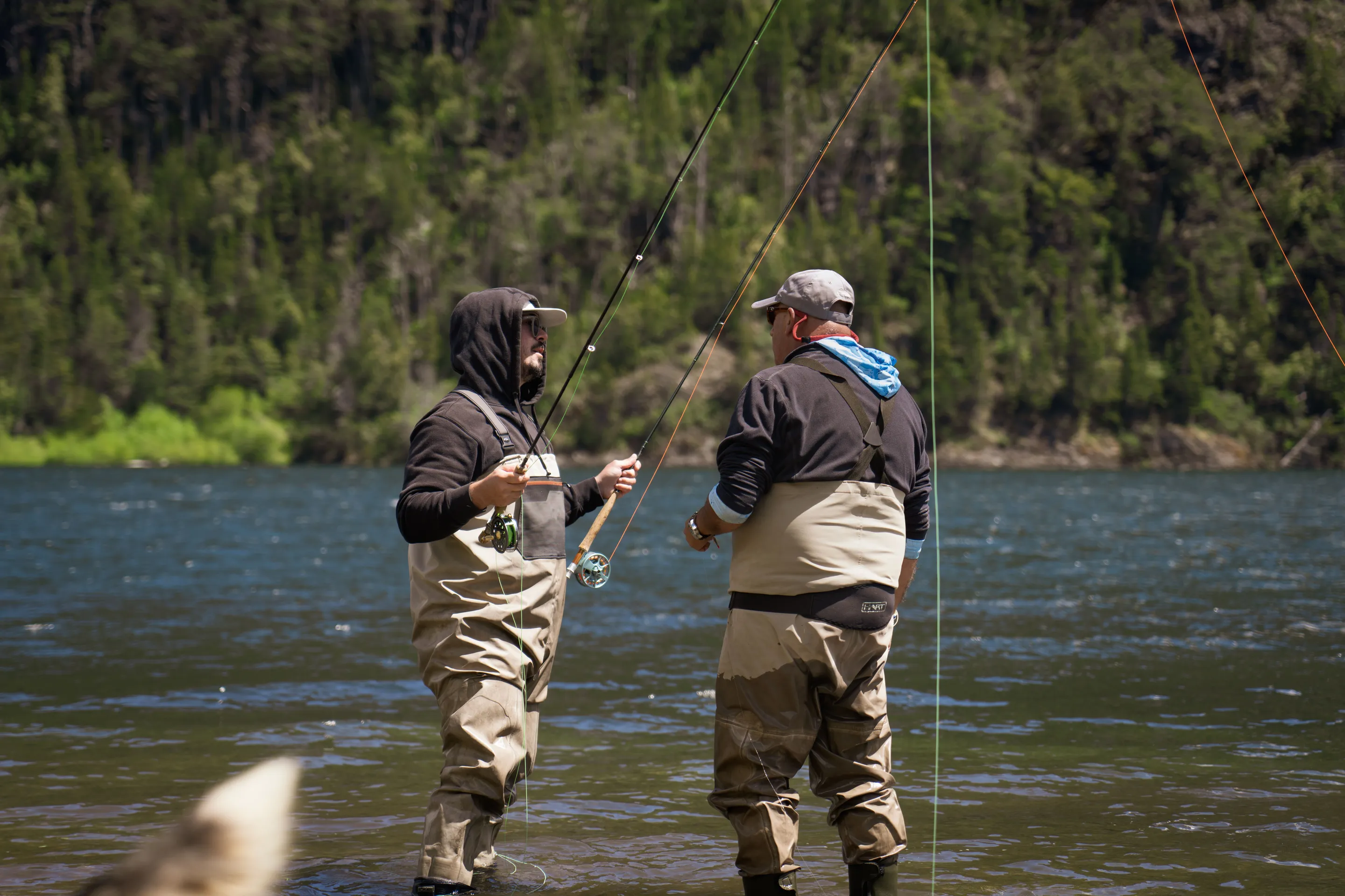 Two anglers fly-fishing in the water beside a forested Patagonian shore