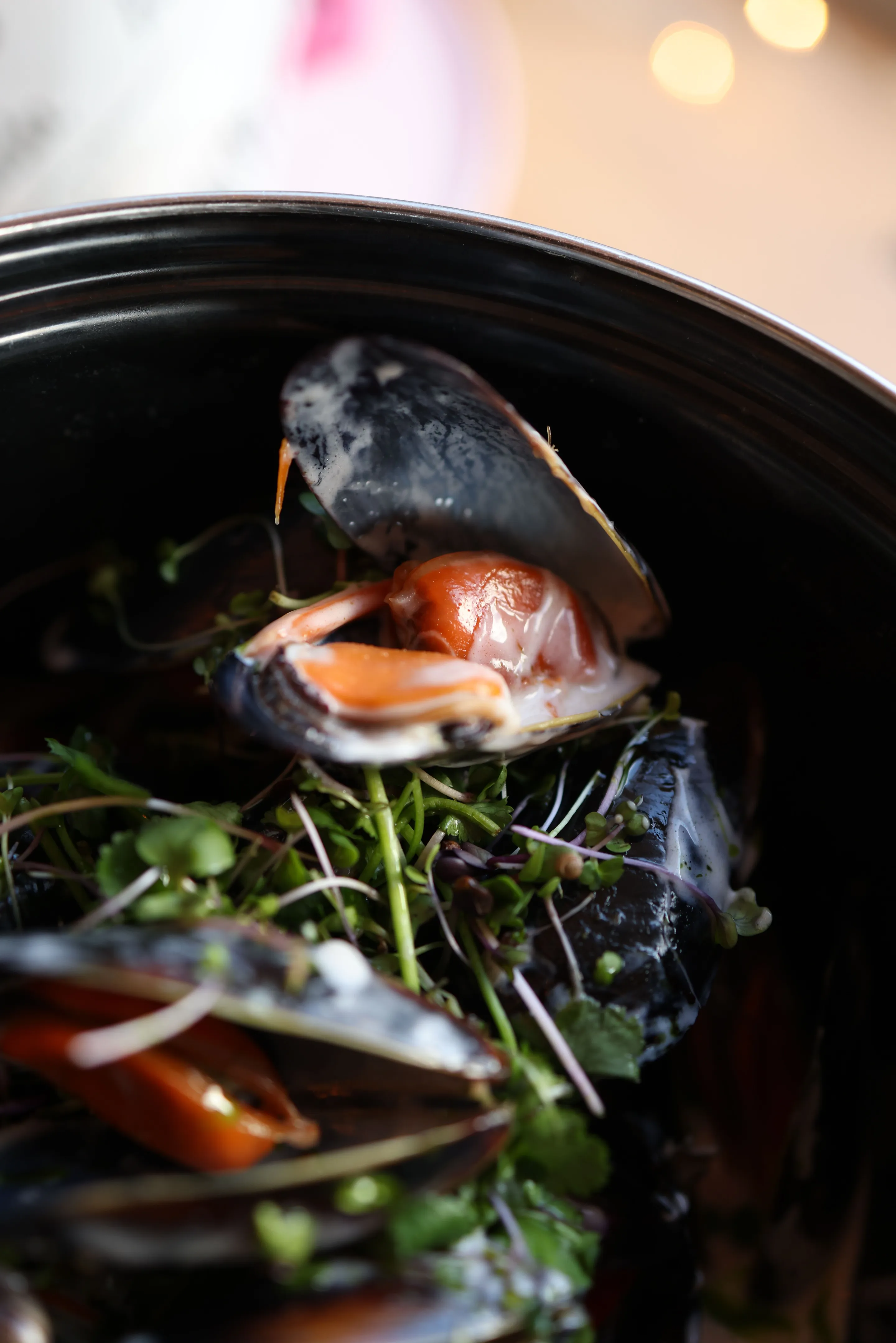 A close view of cooked mussels and herbs in a dark bowl