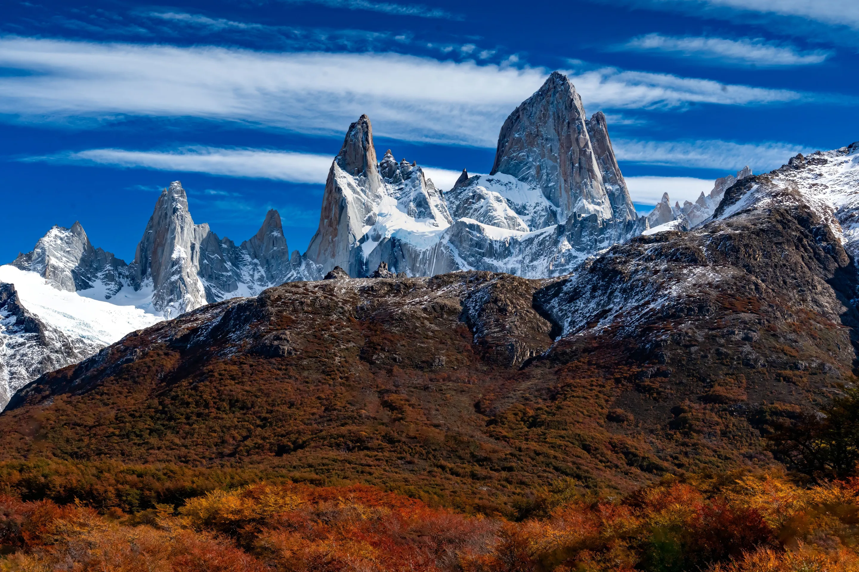 Autumn foliage and the granite peaks of Fitz Roy.