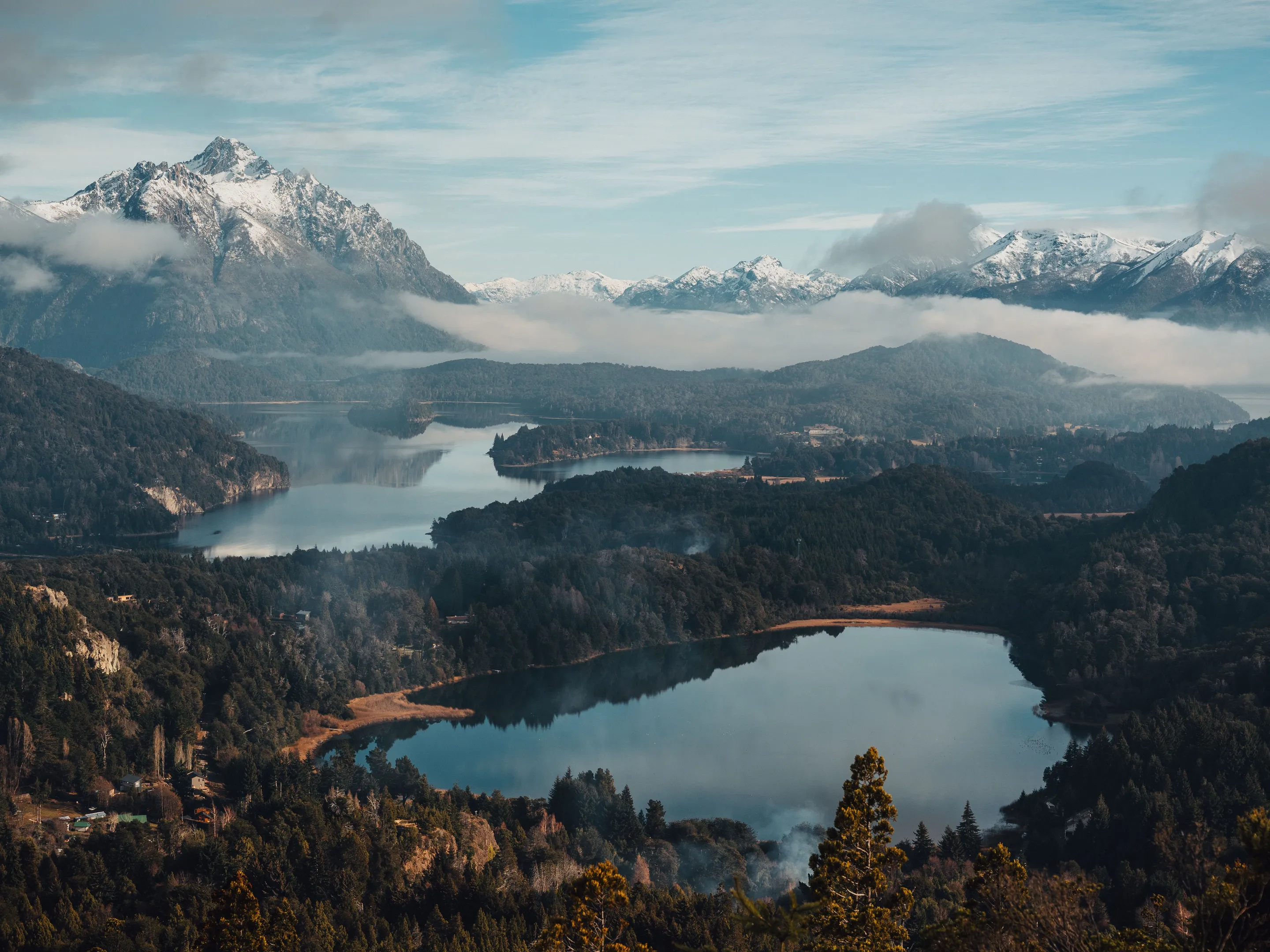 Snowy mountain ridges and lakes above Bariloche