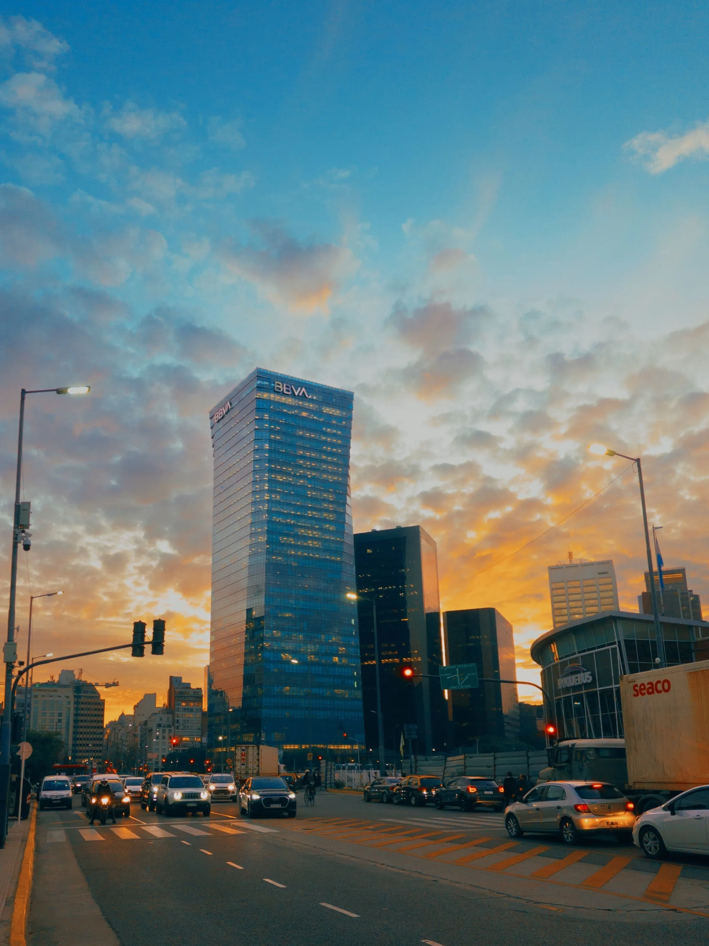 Evening traffic and the Buenos Aires skyline.