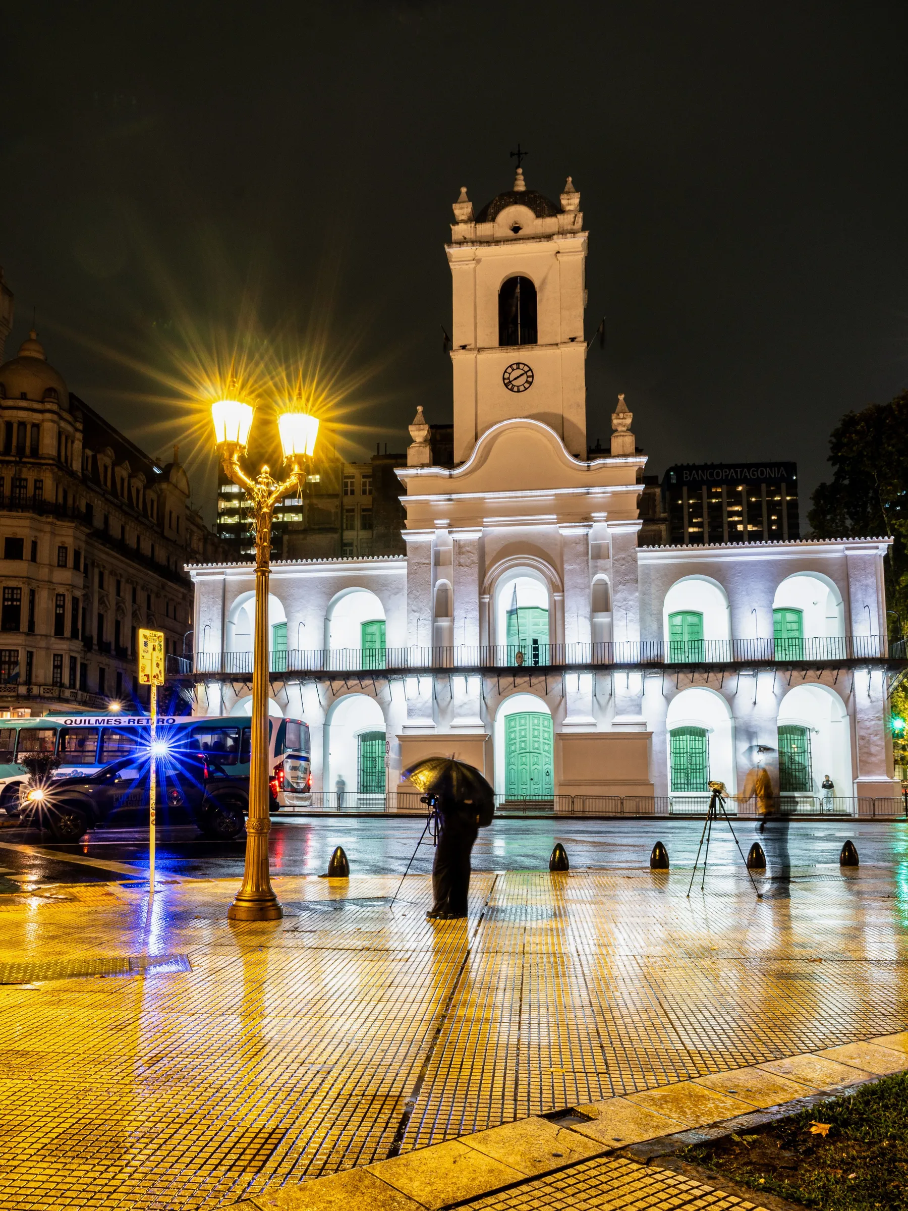 The Cabildo illuminated after dark in Buenos Aires.