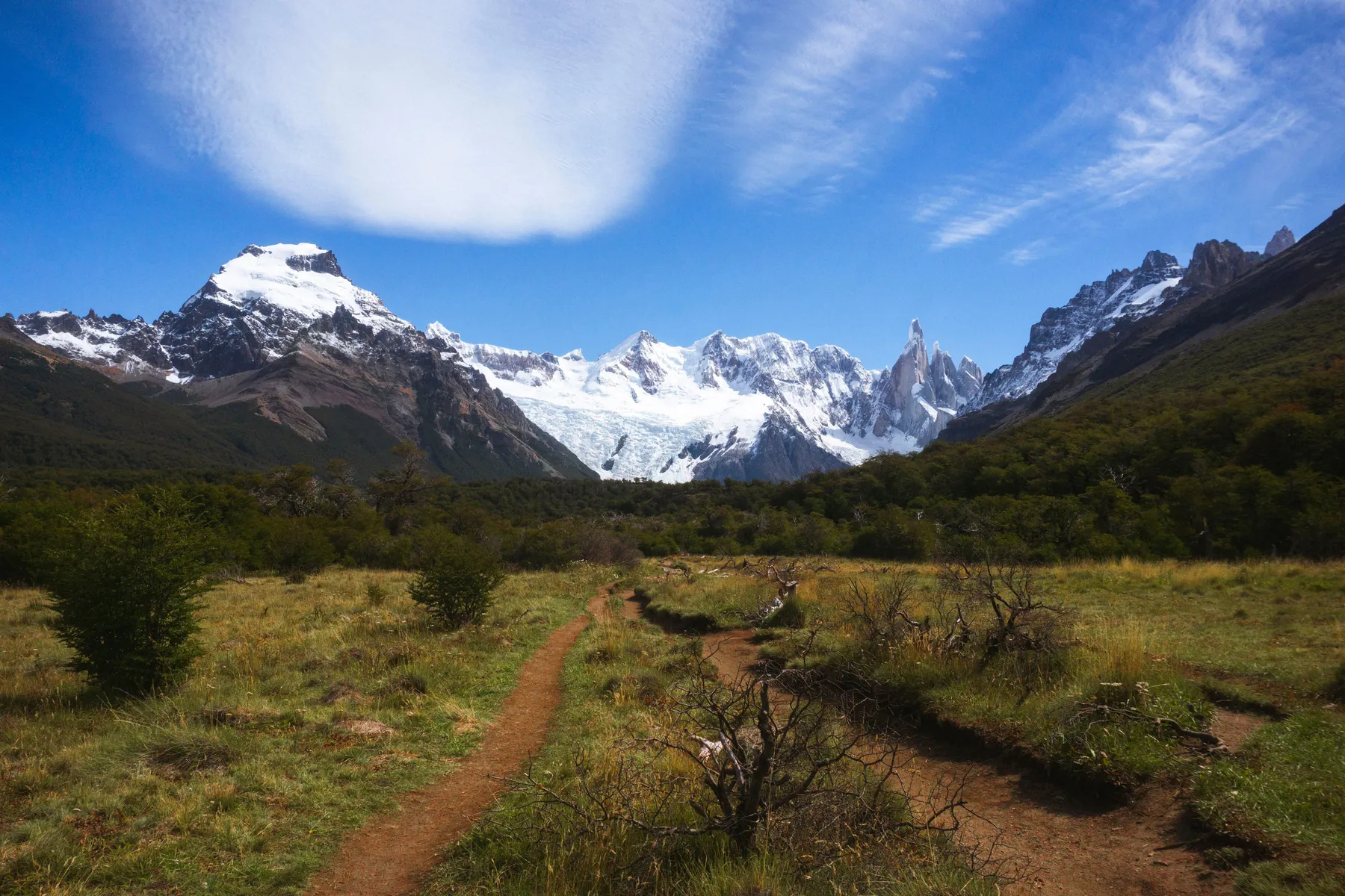 Mountain peaks above a walking route near El Chaltén