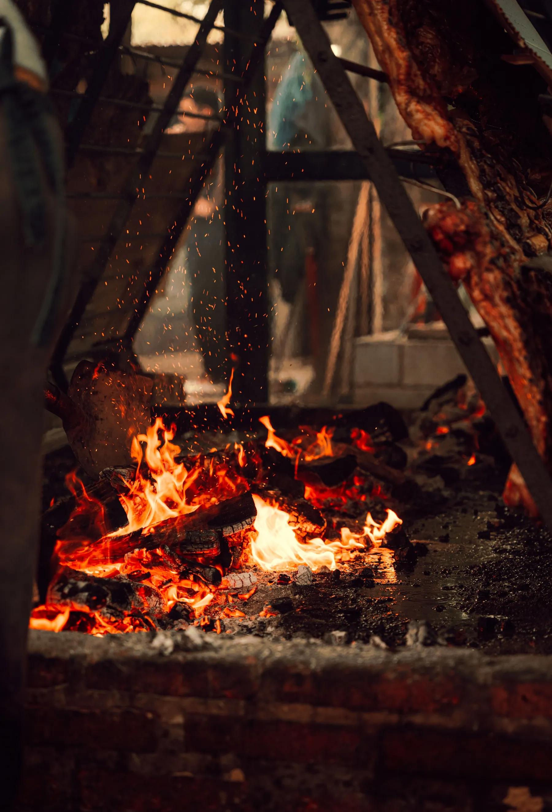 A close view of Argentine asado cooking above flames.