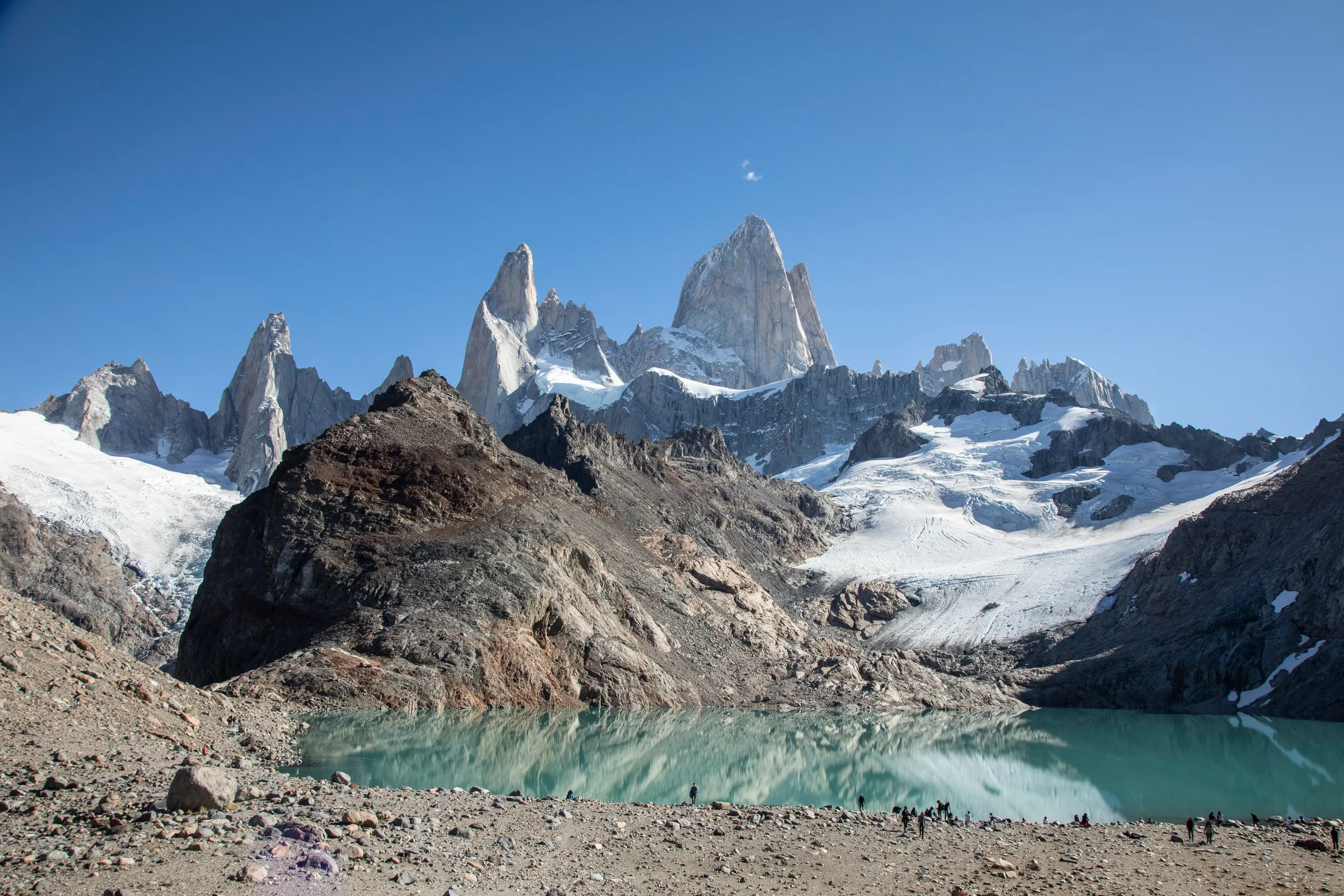 Fitz Roy reflected in Laguna de los Tres beneath the mountain basin