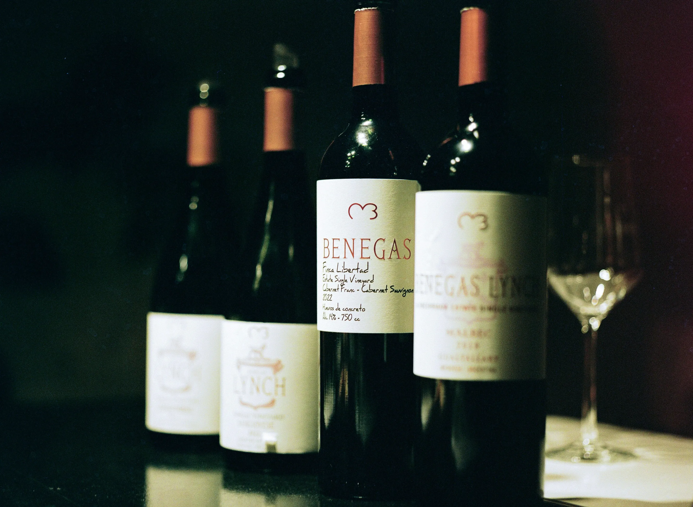 Wine bottles and a glass in atmospheric low light at a Mendoza winery.