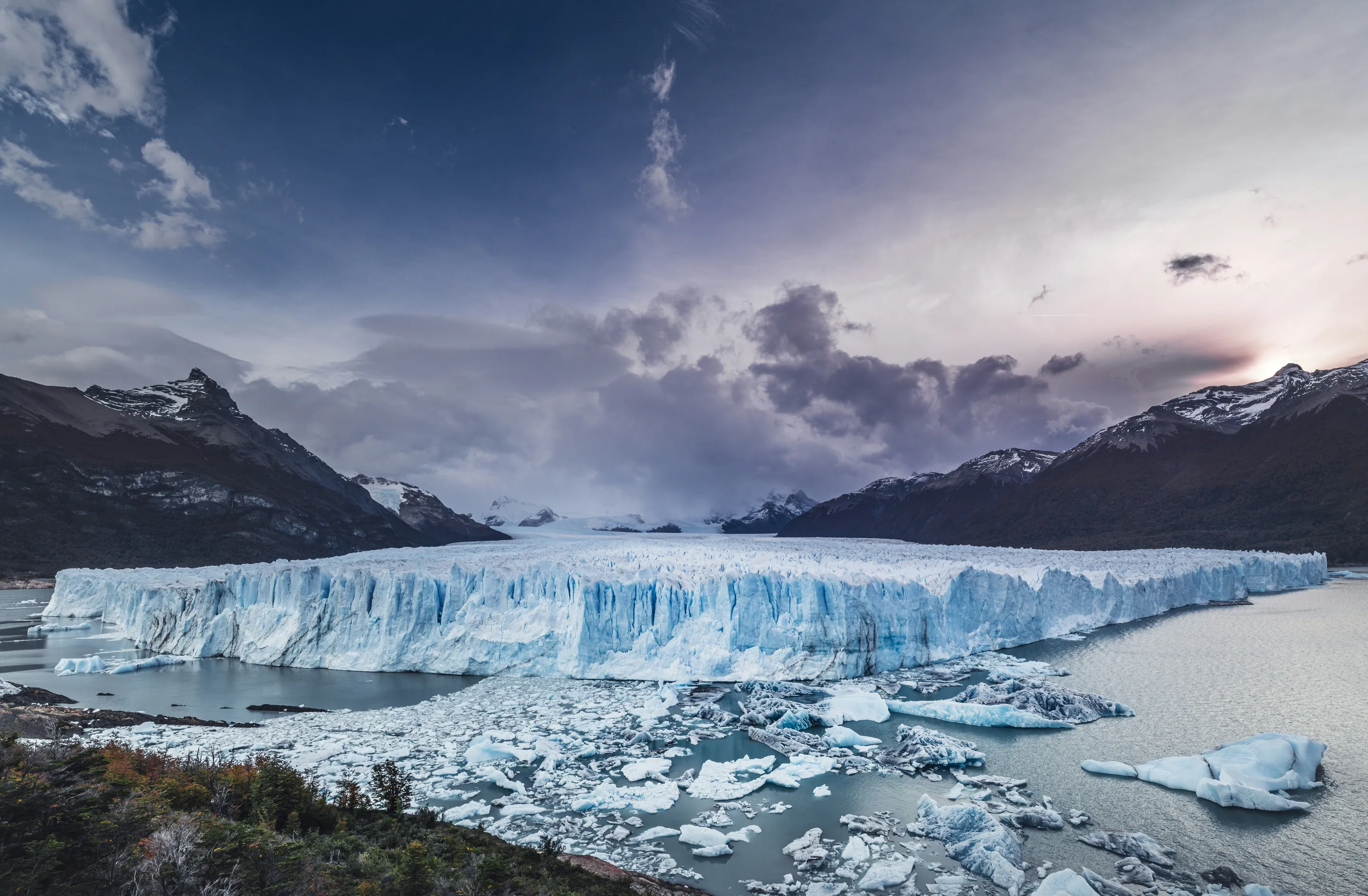 Perito Moreno Glacier beneath the Patagonian mountains