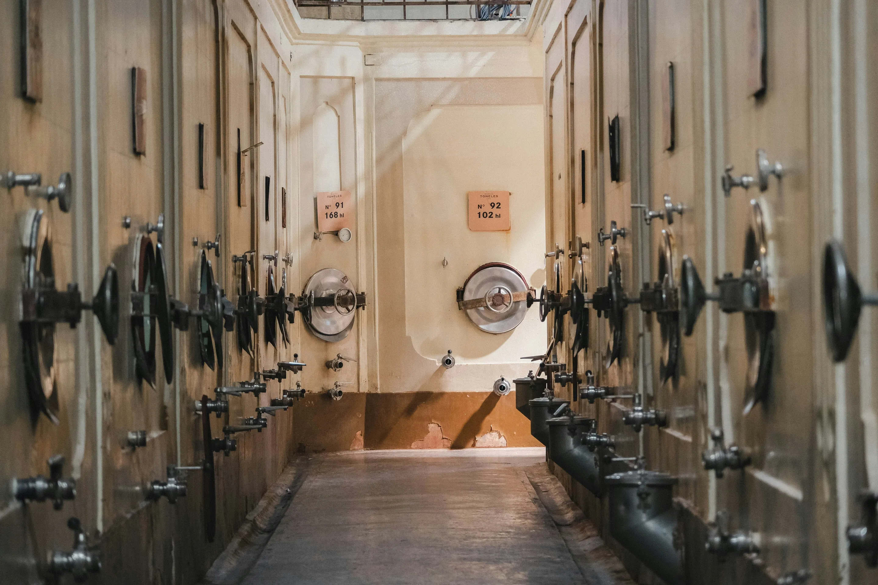 Rows of large fermentation vessels inside a Mendoza winery.