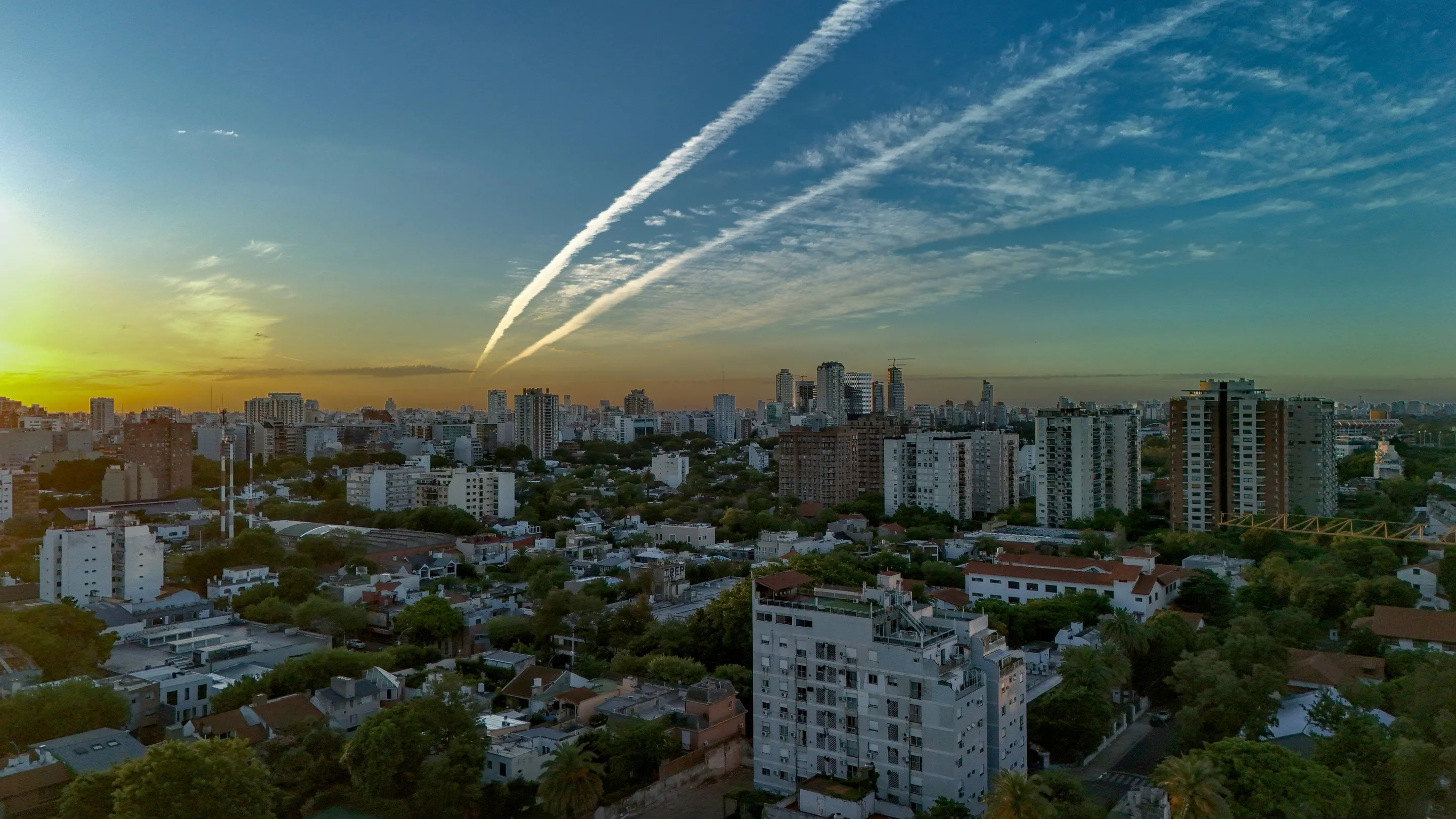Sunset light over the towers and streets of Belgrano
