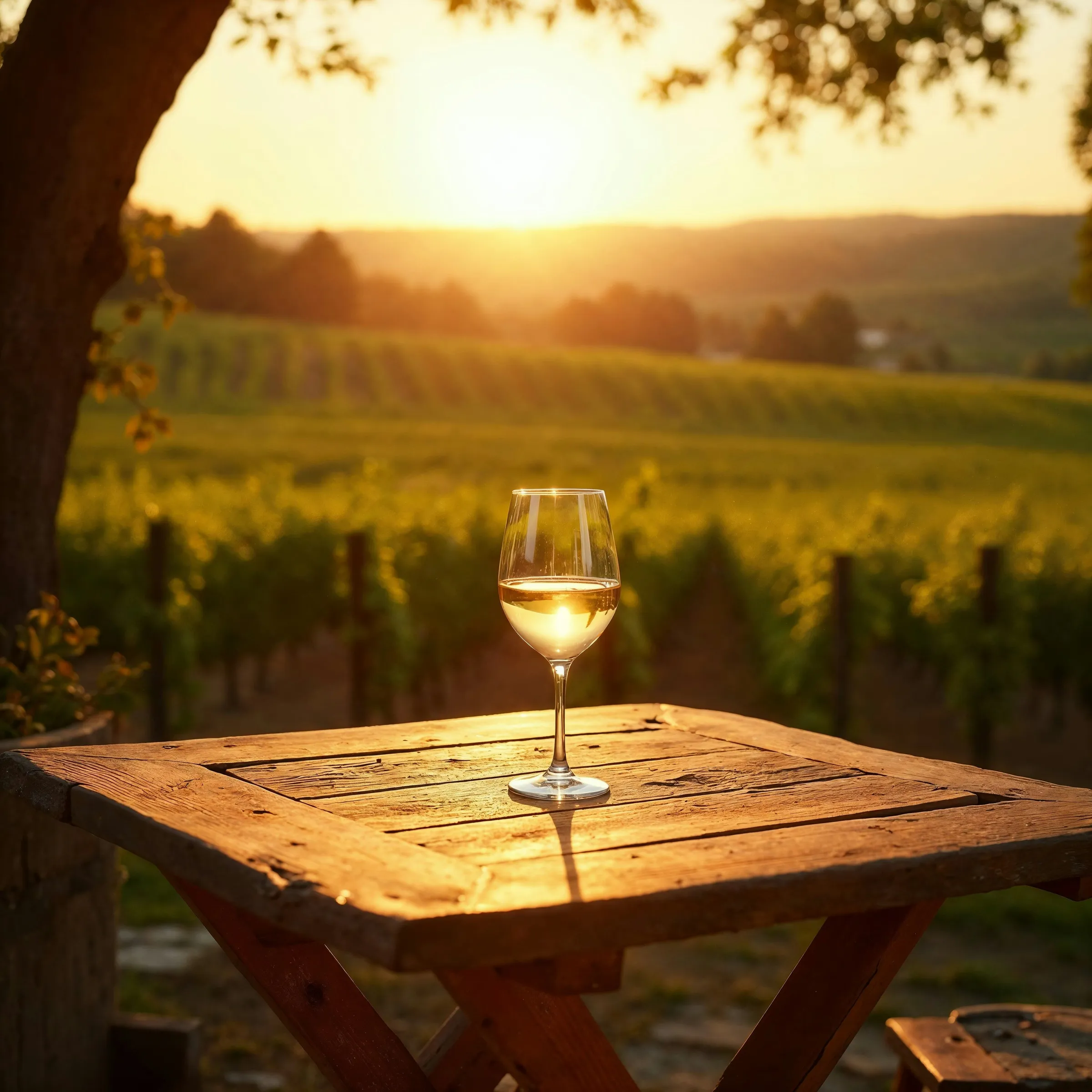 A wine glass glowing in evening sunlight on a wooden table overlooking vines